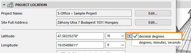 Cesium for Omniverse Graphisoft Archicad tutorial: Click the Switch latitude display format button and select decimal degrees.